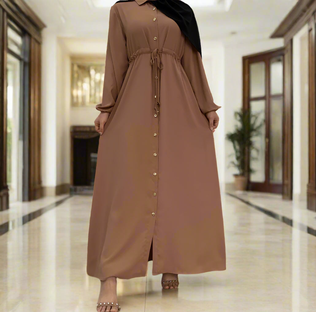 Waist Tie Full Button Down Abaya Dress
