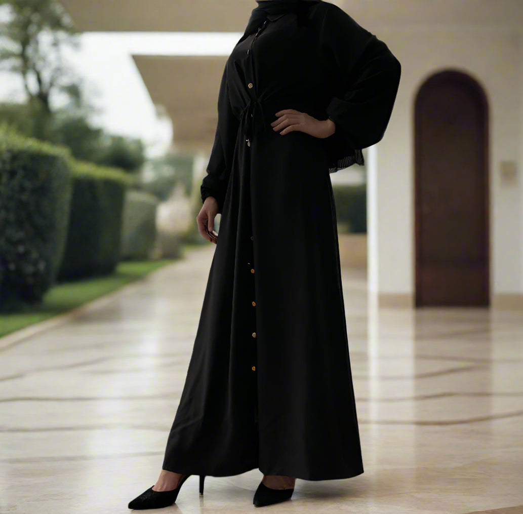 Waist Tie Full Button Down Abaya Dress