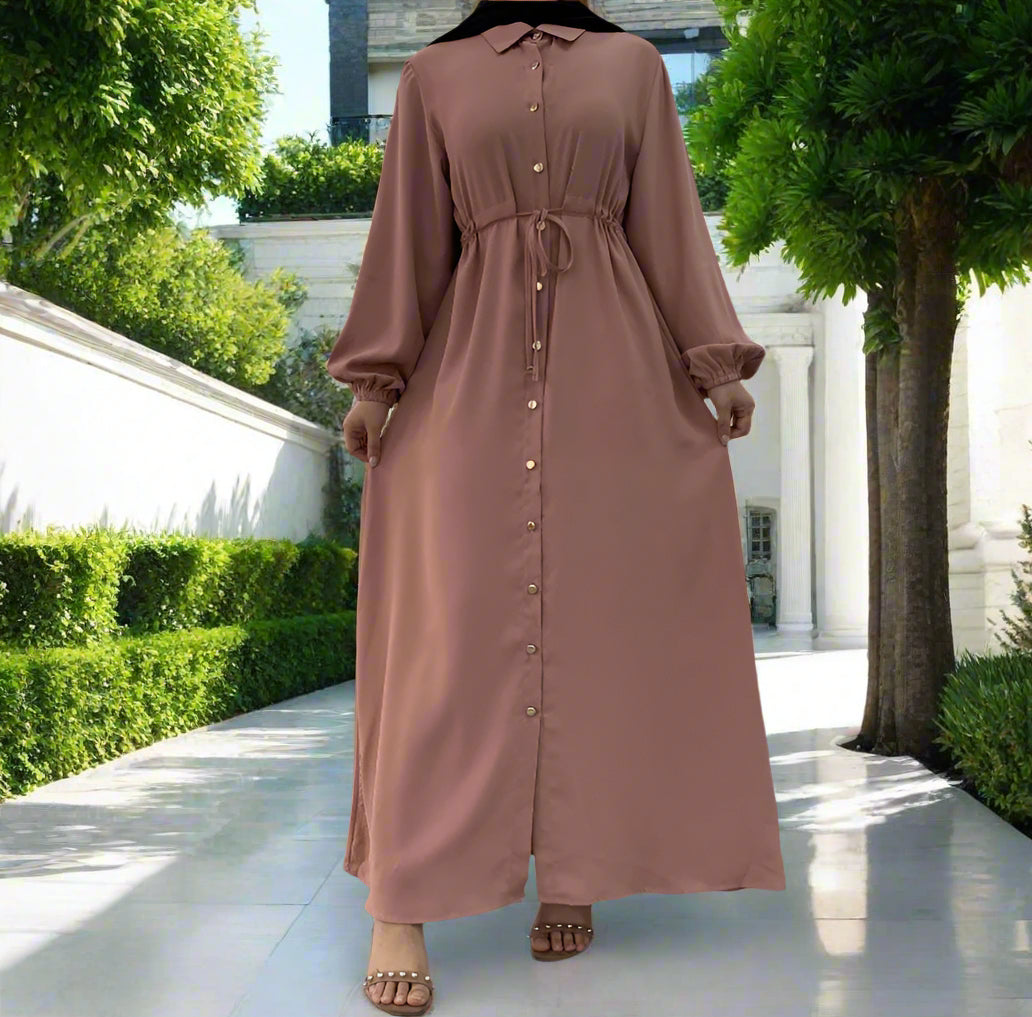 Waist Tie Full Button Down Abaya Dress