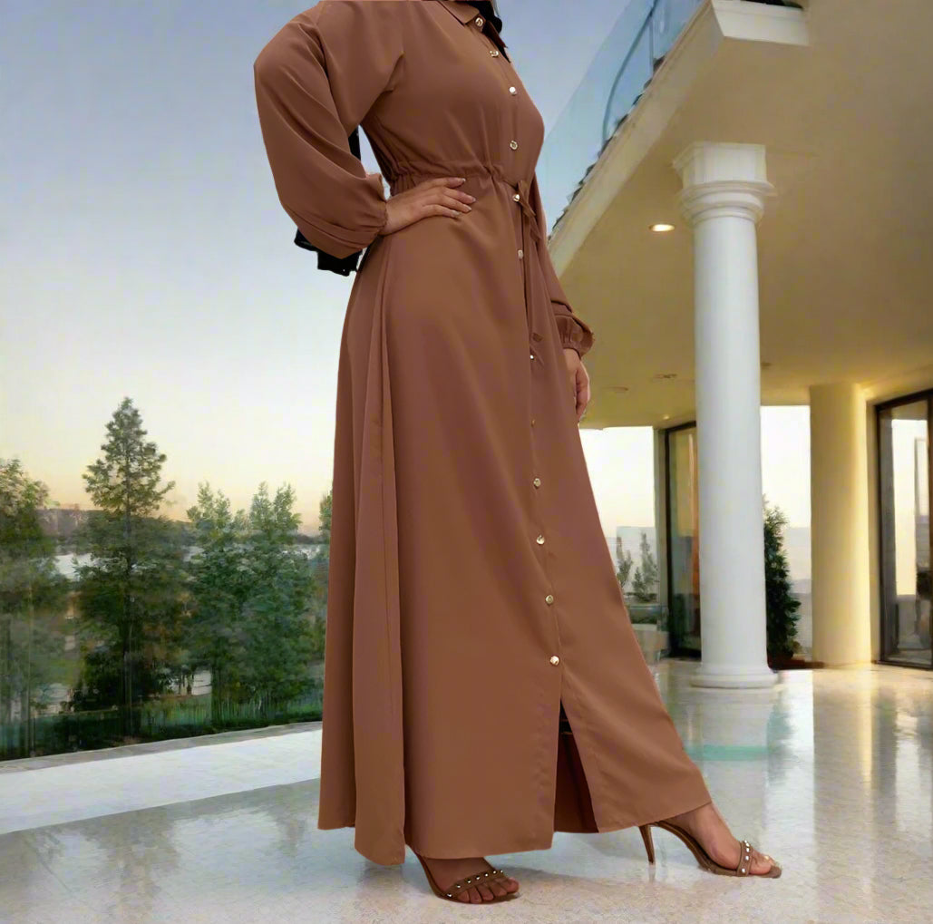 Waist Tie Full Button Down Abaya Dress
