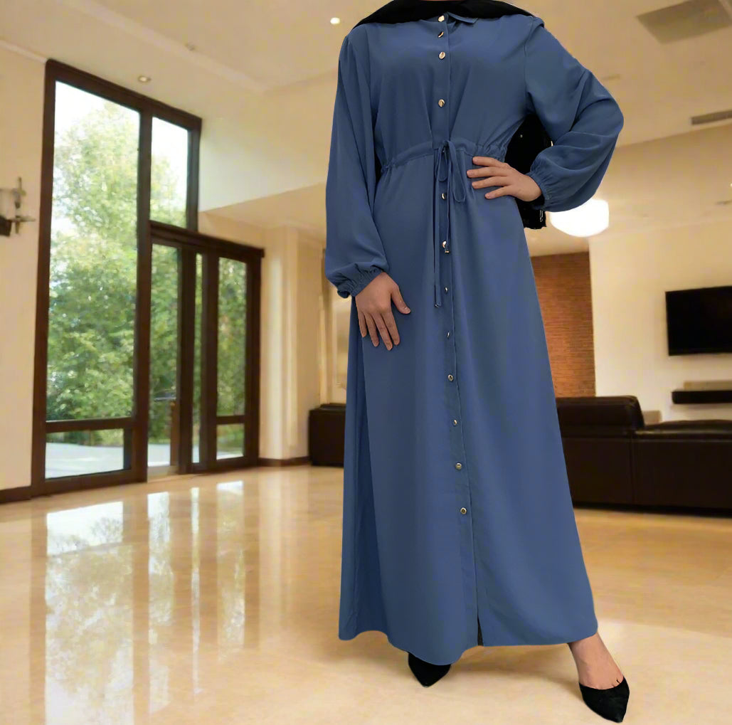 Waist Tie Full Button Down Abaya Dress