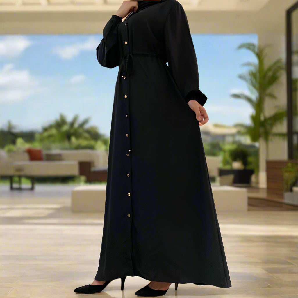 Waist Tie Full Button Down Abaya Dress