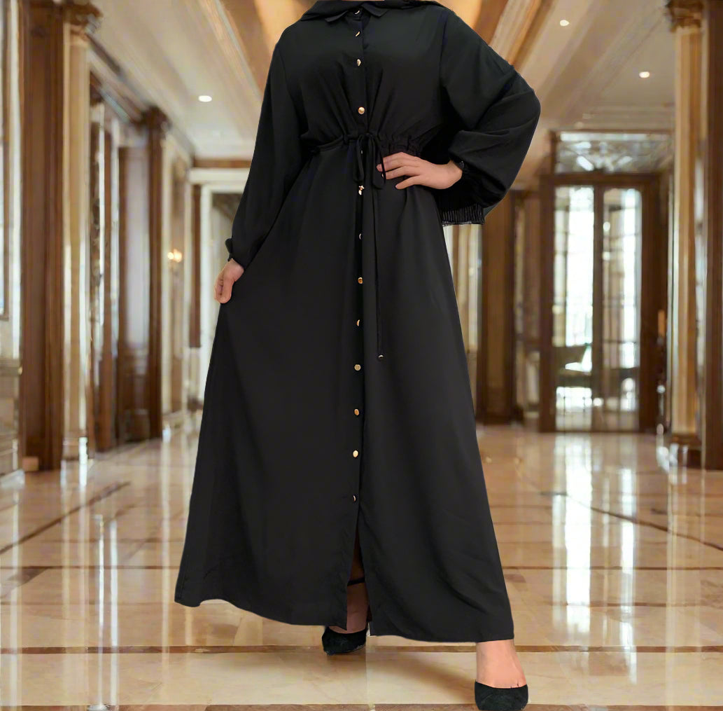 Waist Tie Full Button Down Abaya Dress