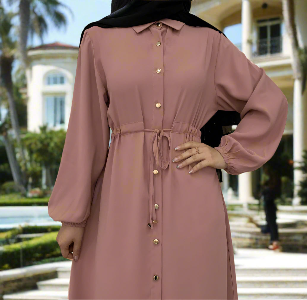 Waist Tie Full Button Down Abaya Dress