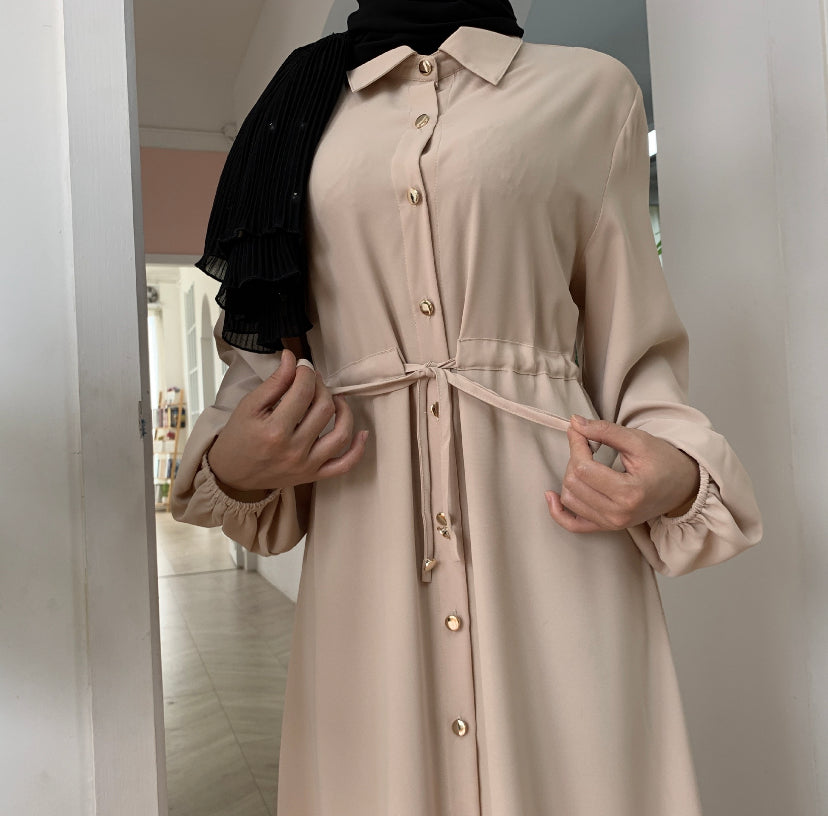 Waist Tie Full Button Down Abaya Dress