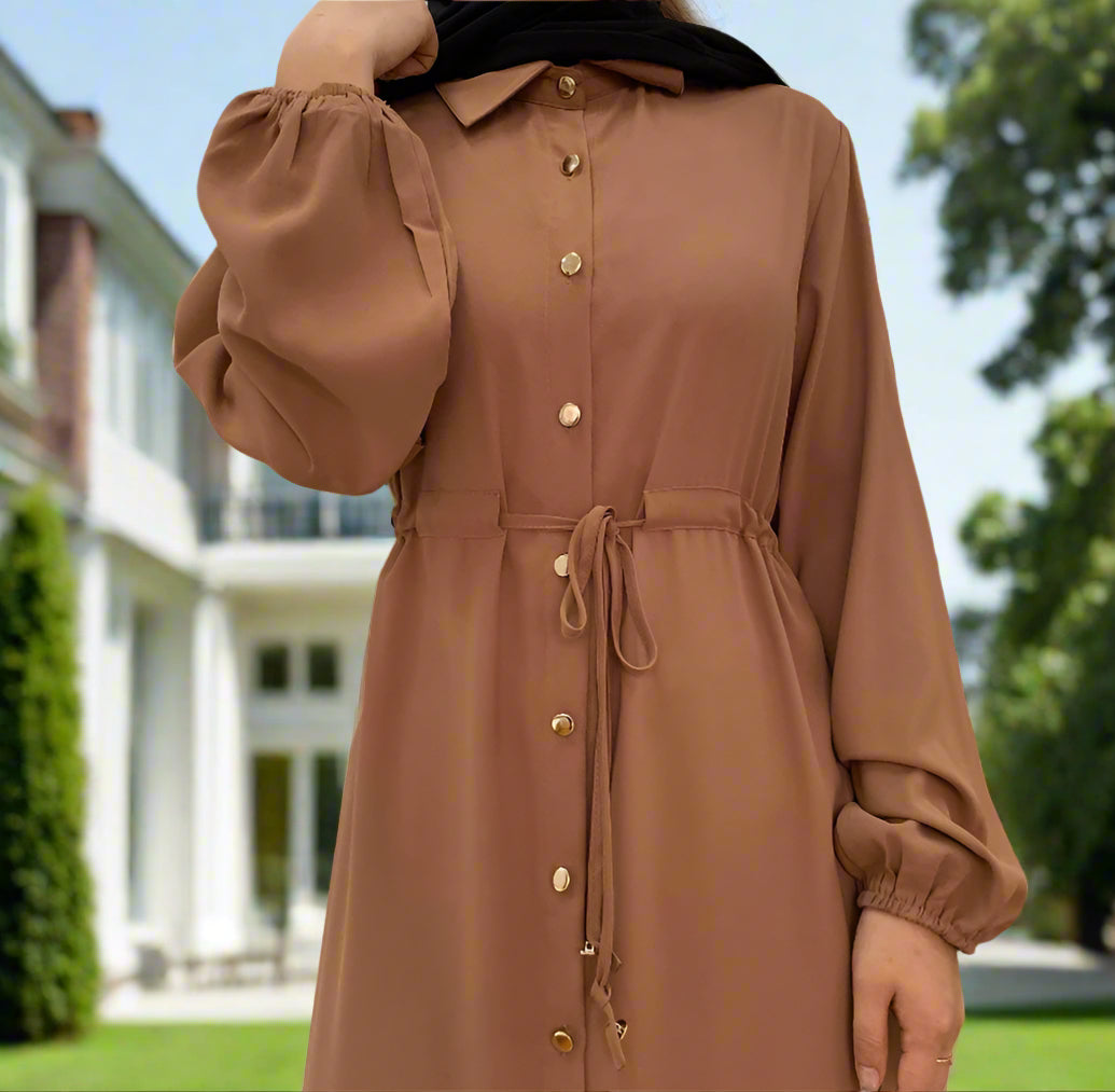 Waist Tie Full Button Down Abaya Dress