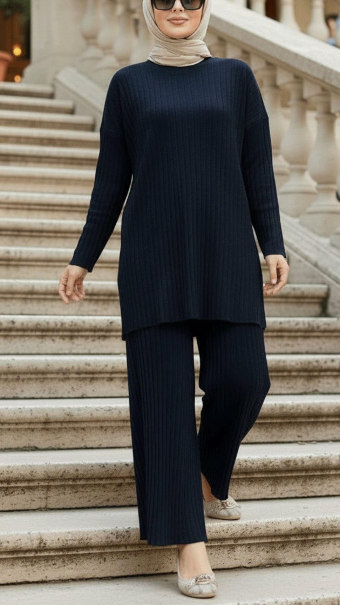 Navy Pleated Pant Suit