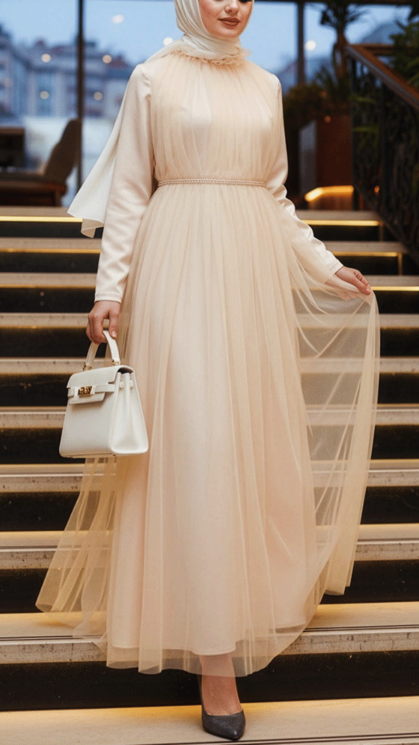 Satin Chiffon Pearl Detailed Gown