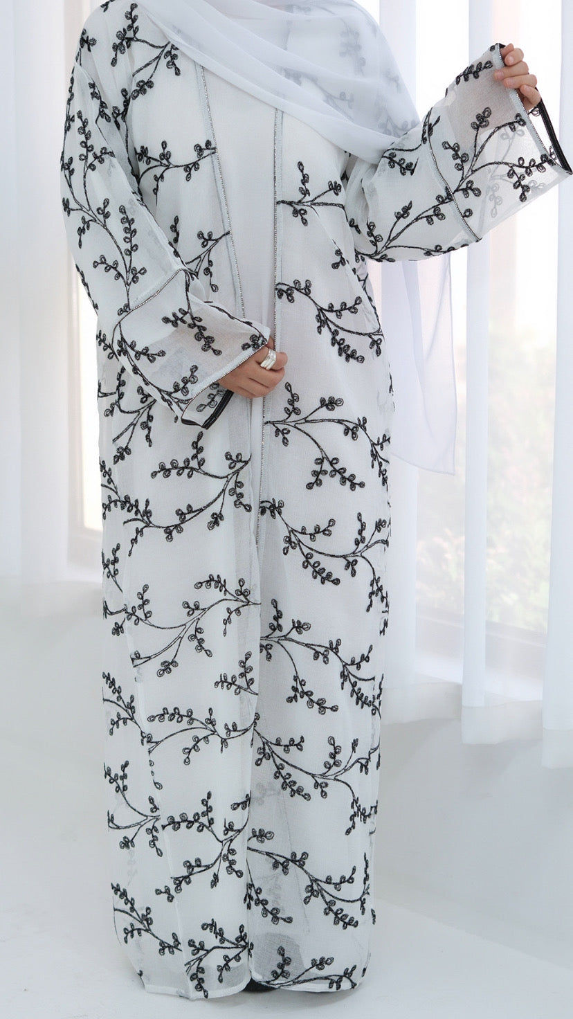 Dubai Style Embroidered 2 Piece White Abaya