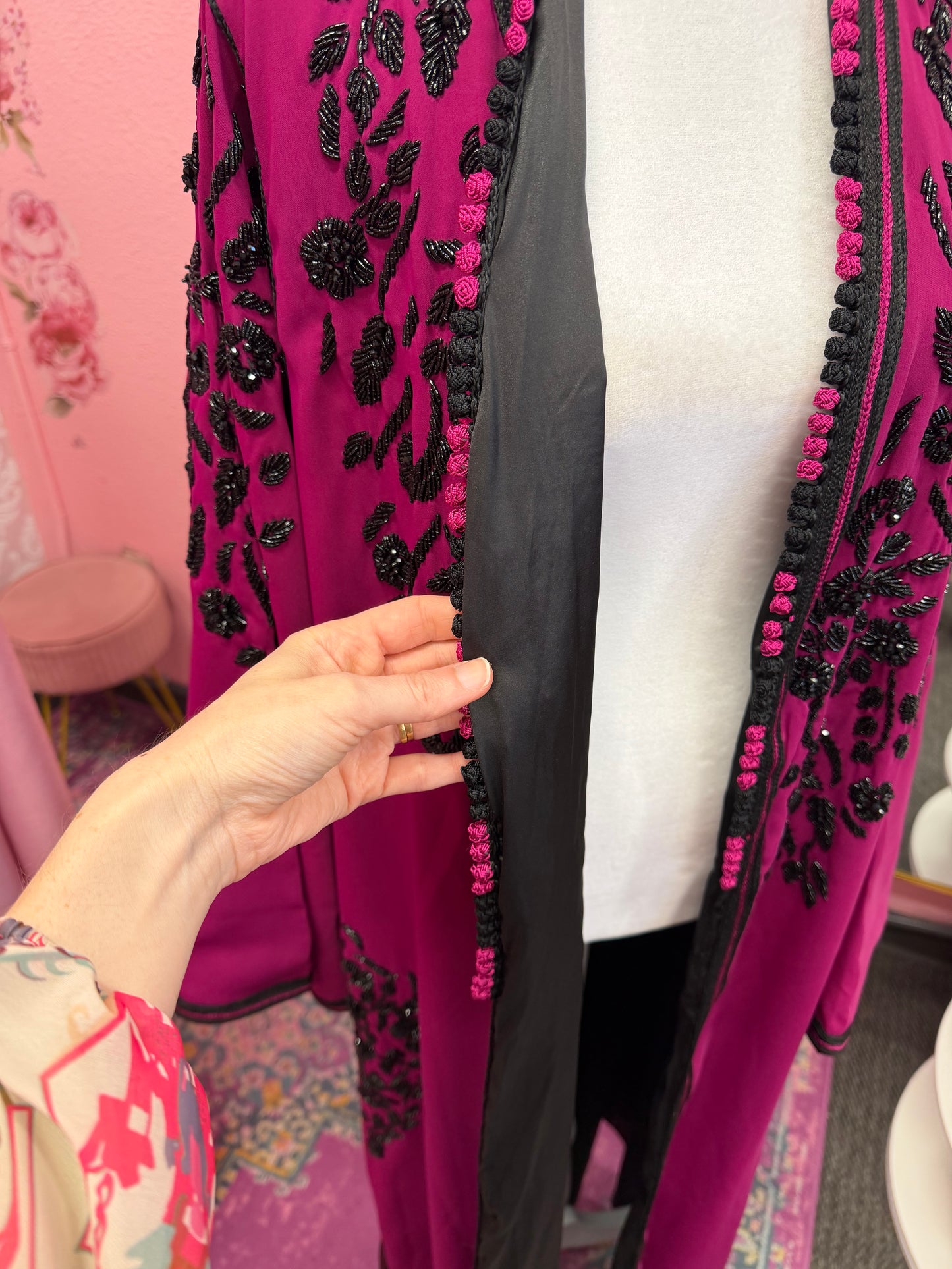 Moroccan Traditional Pink & Black Satin Lined Kimono