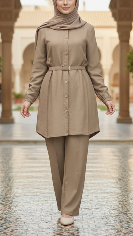 Summer Button-Down Khaki Belted Pant Suit