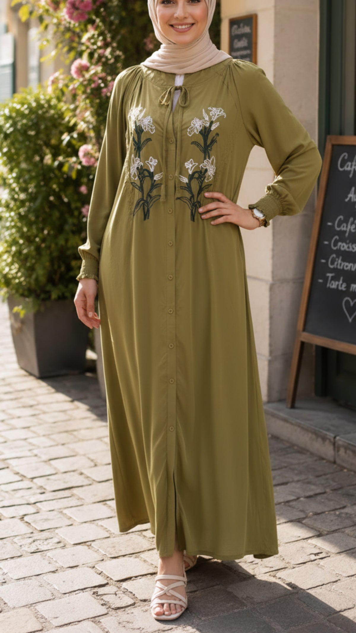 Olive Embroidered Floral Button-Down Versatile Dress & Long Tunic
