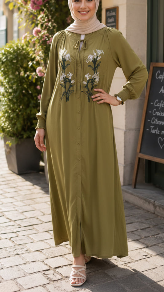Olive Embroidered Floral Button-Down Versatile Dress & Long Tunic