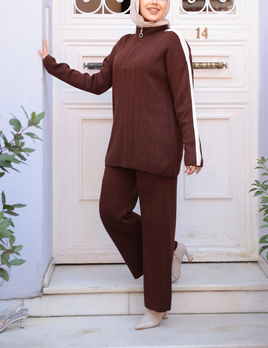 Knit Turkish Style Pleated Striped Co-Ord Set