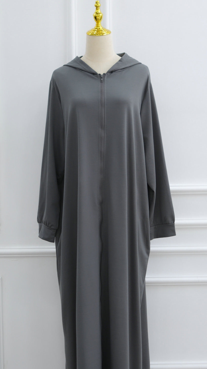 Gray Turkish Style Zipper Hoodie Abaya Dress
