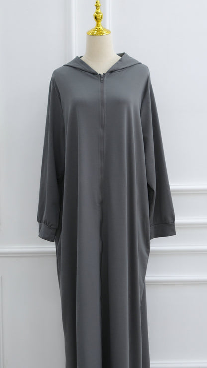 Gray Turkish Style Zipper Hoodie Abaya Dress