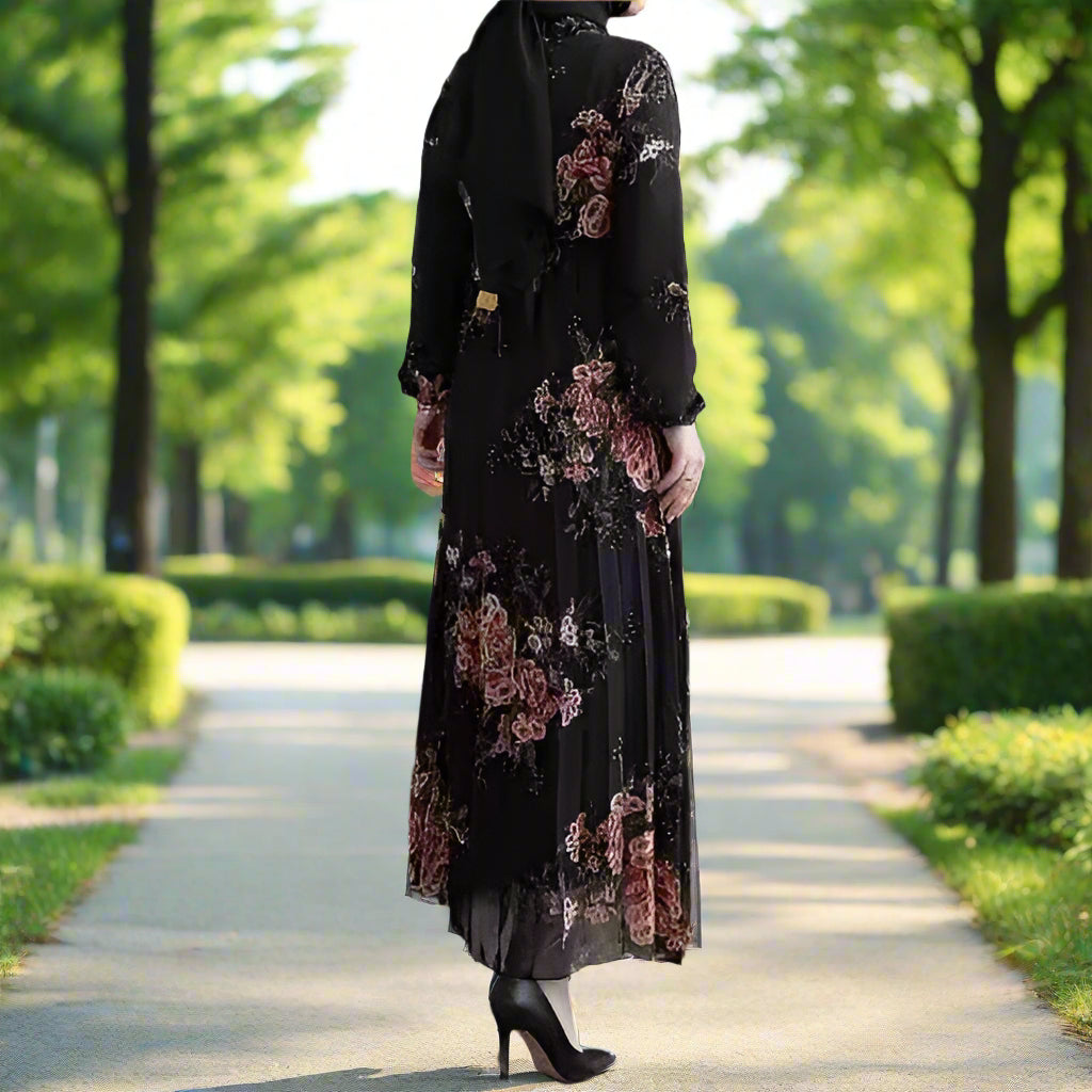 Black Beauty Pleated Floral Chiffon