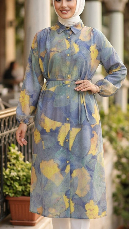 Summer Blue & Yellow Brushstroke Button Down Oversized Tunic