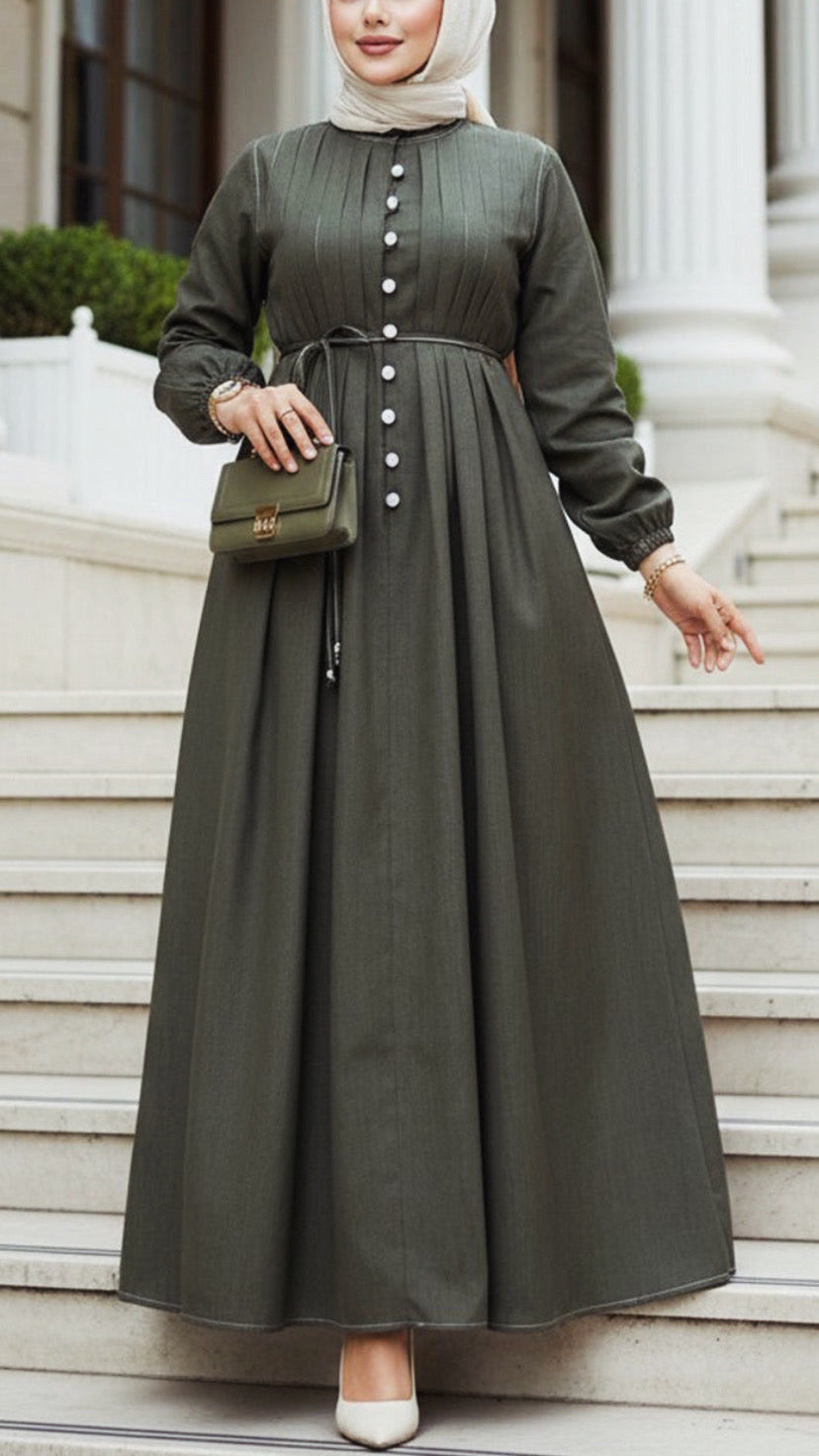 Turkish Style Button Down Pleated Denim Dress