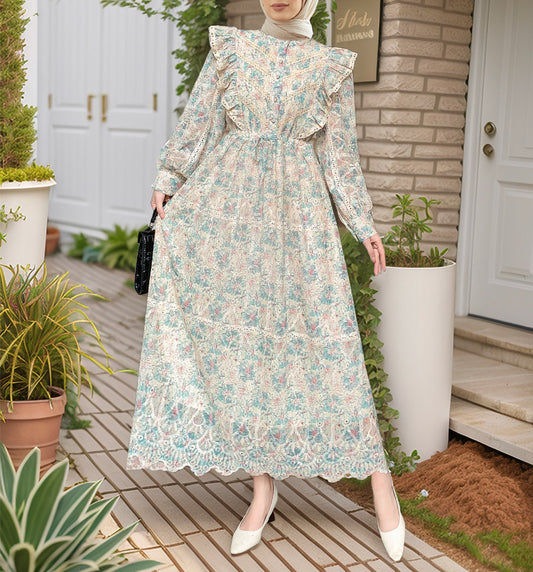 Floral Lace Ruffled Dress(Multi Color)