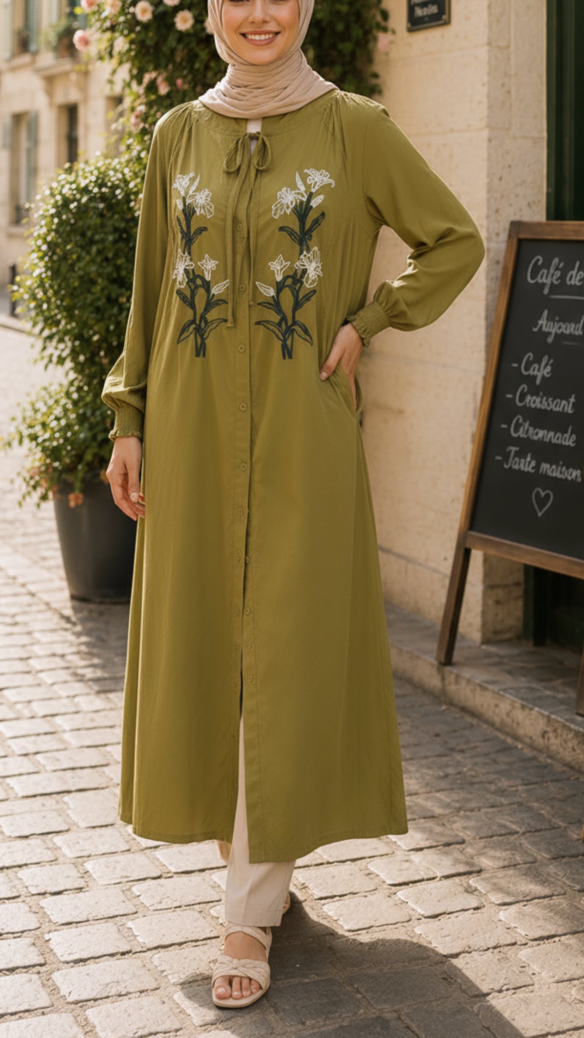 Olive Embroidered Floral Button-Down Versatile Dress & Long Tunic