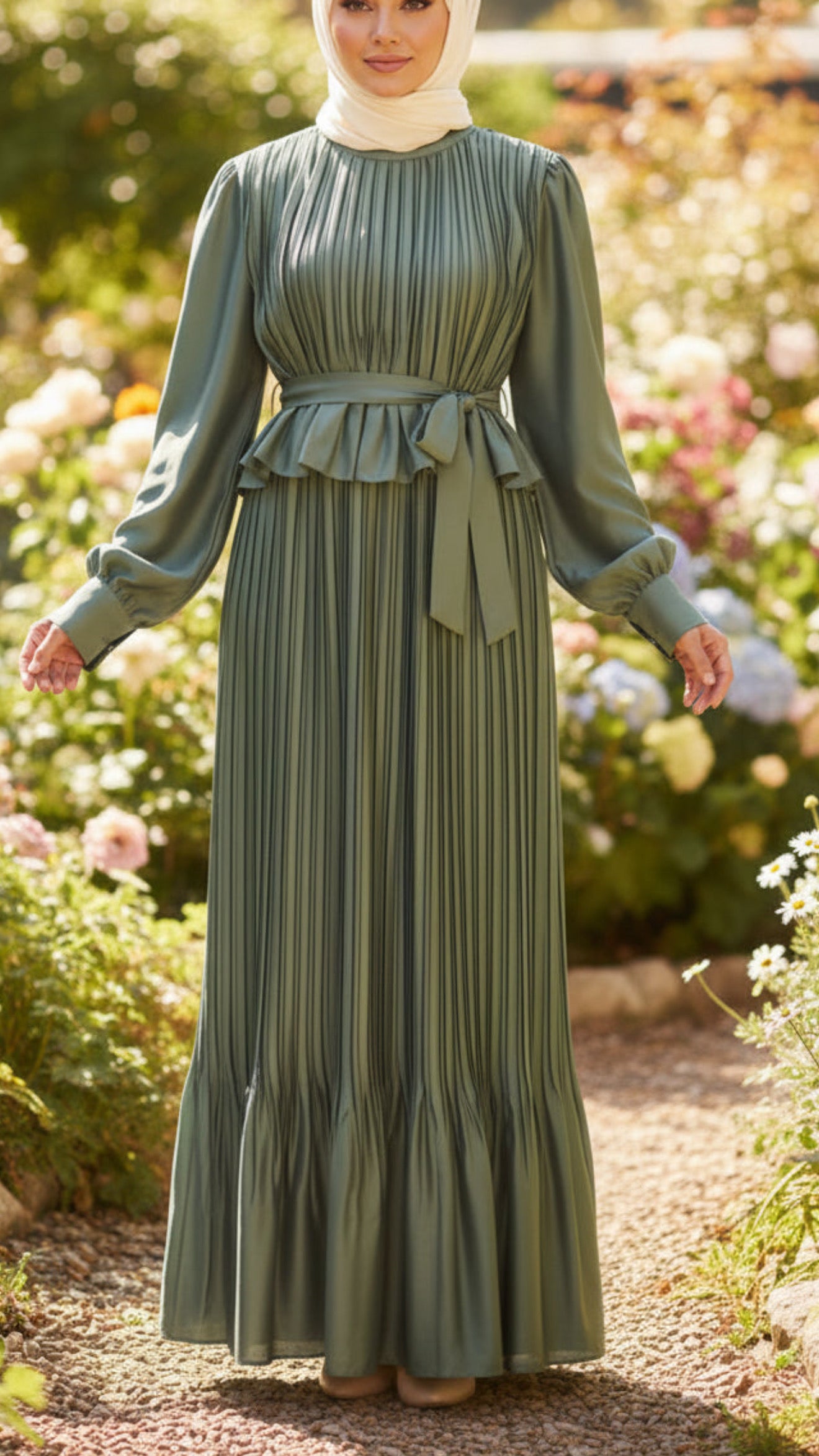 Pleated Satin Ruffle Top Sage Dress