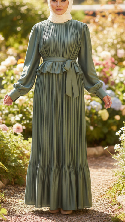 Pleated Satin Ruffle Top Sage Dress