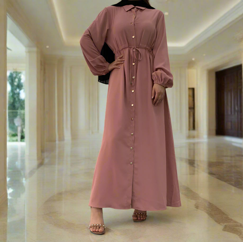 Waist Tie Full Button Down Abaya Dress