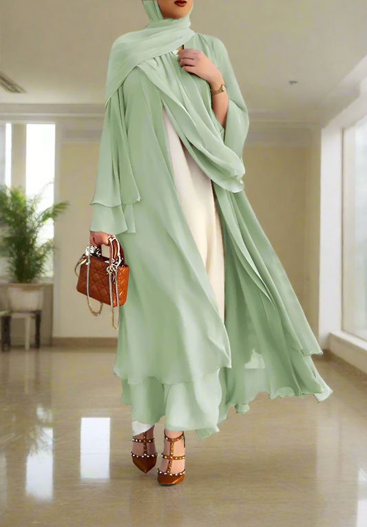 Chiffon Layered Open Abaya with Sash(Multi Colors)