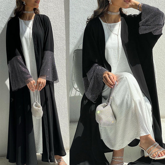 New Dubai Style Exclusive Super Black Nida Diamond Net Open Abaya Kimono