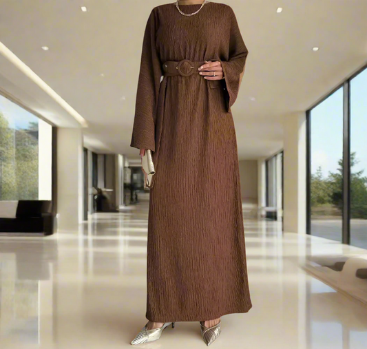 Brown Textured Fully Lined Dress Abaya