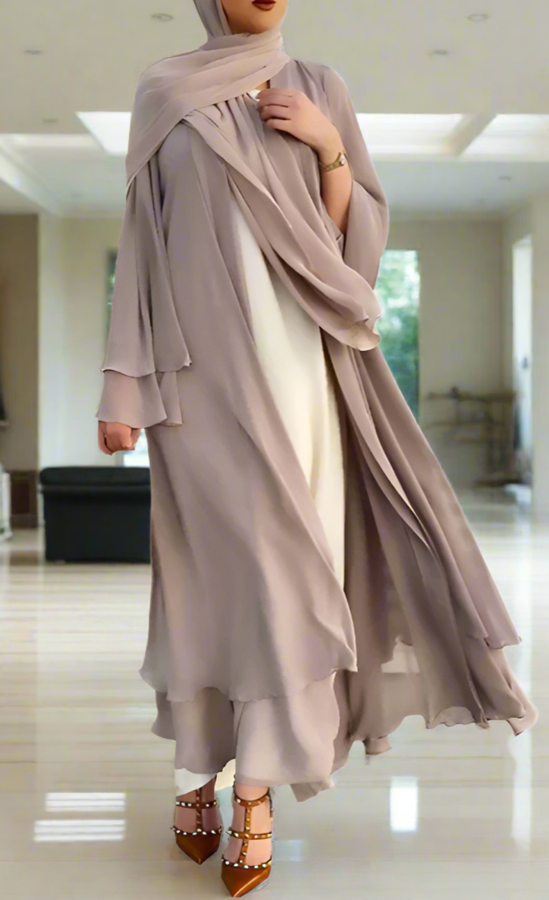 Chiffon Layered Open Abaya with Sash(Multi Colors)