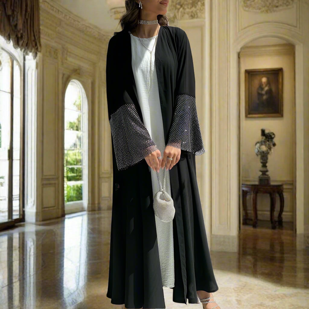 New Dubai Style Exclusive Super Black Nida Diamond Net Open Abaya Kimono