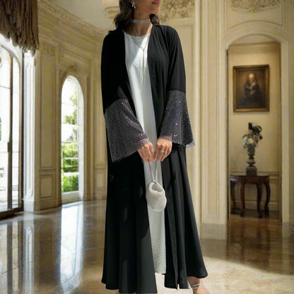 New Dubai Style Exclusive Super Black Nida Diamond Net Open Abaya Kimono