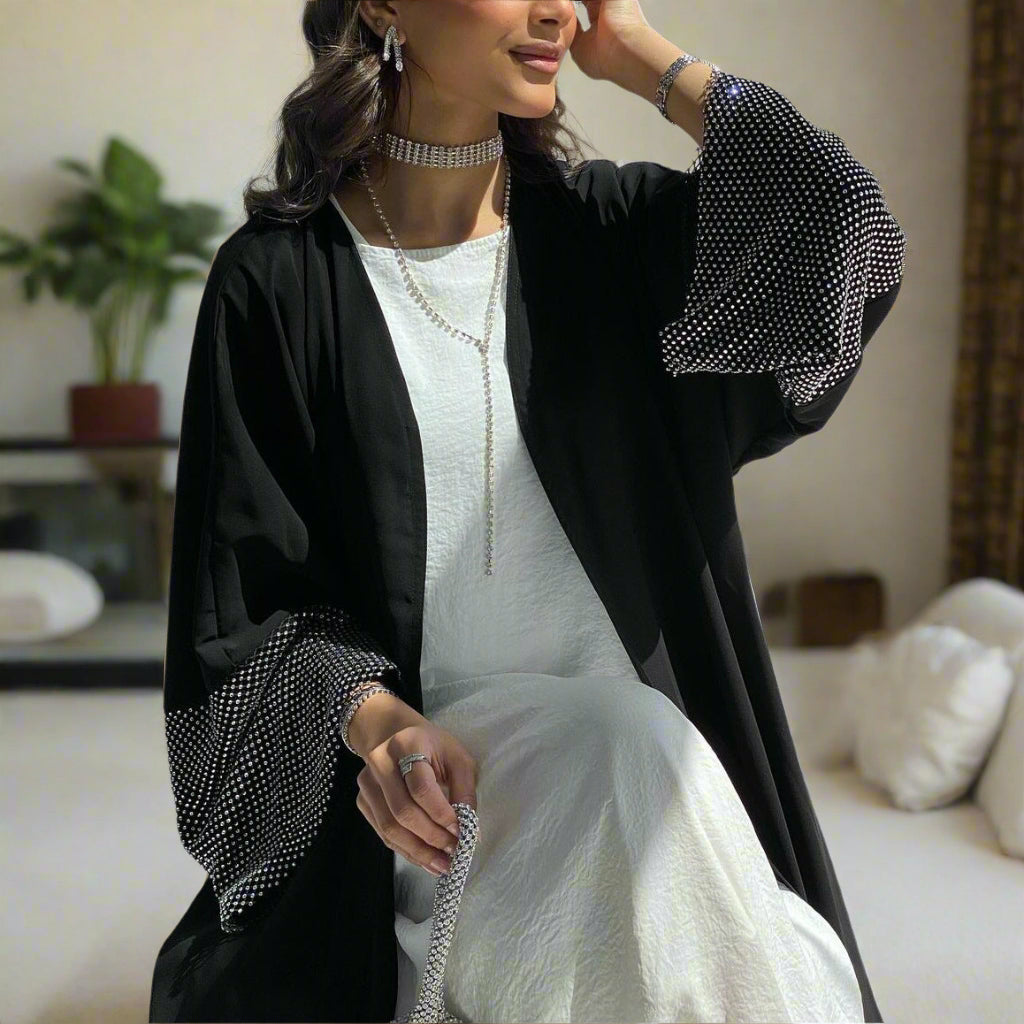 New Dubai Style Exclusive Super Black Nida Diamond Net Open Abaya Kimono