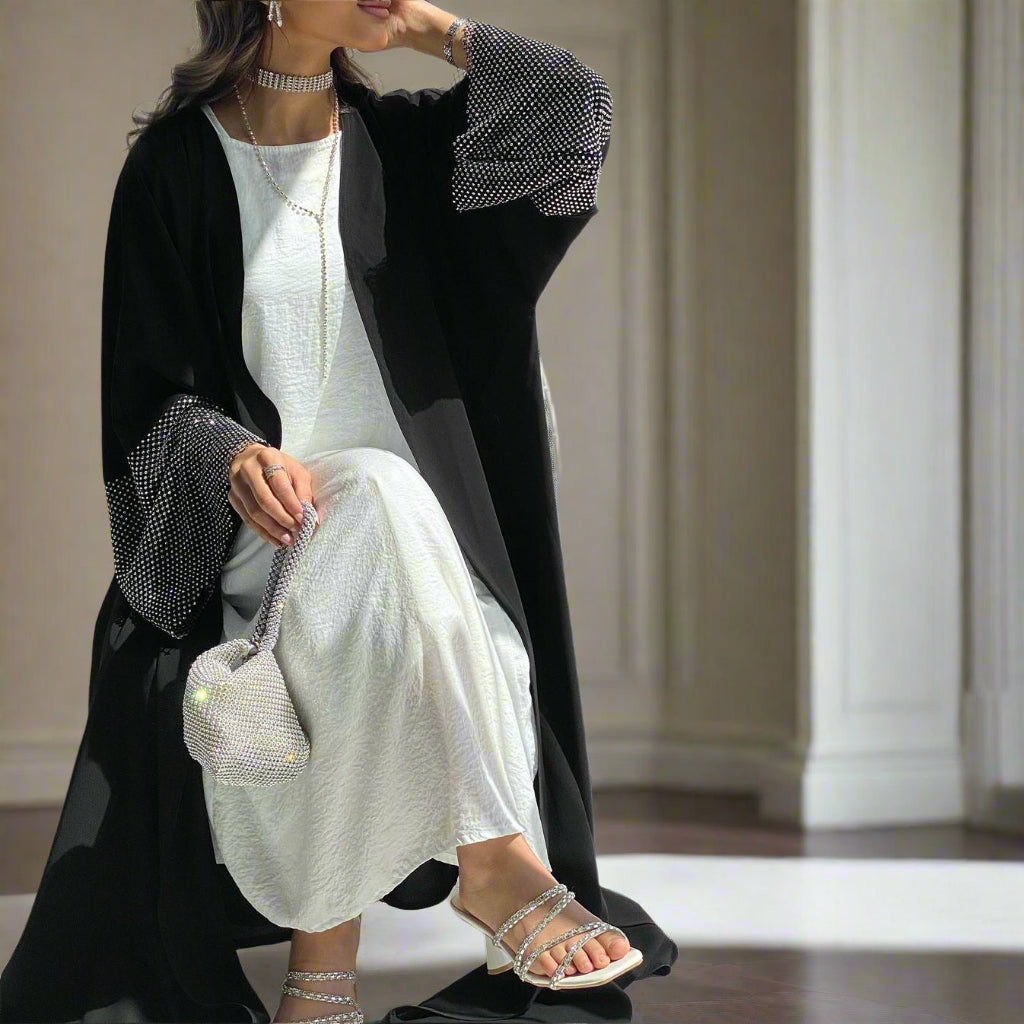 New Dubai Style Exclusive Super Black Nida Diamond Net Open Abaya Kimono