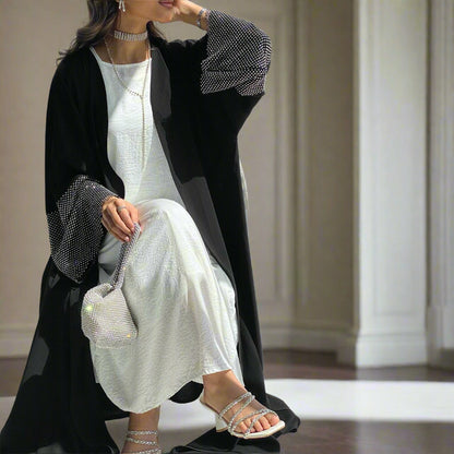 New Dubai Style Exclusive Super Black Nida Diamond Net Open Abaya Kimono