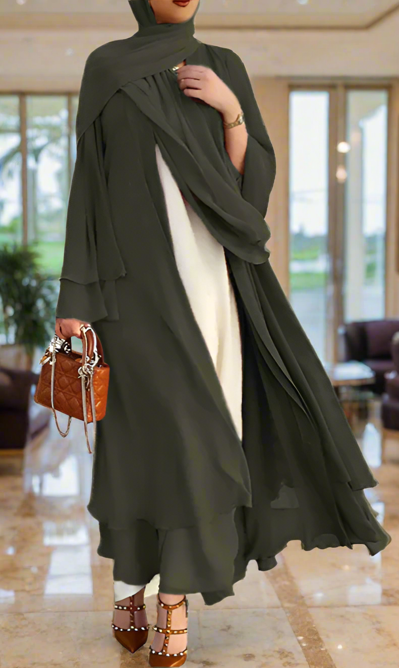 Chiffon Layered Open Abaya with Sash(Multi Colors)