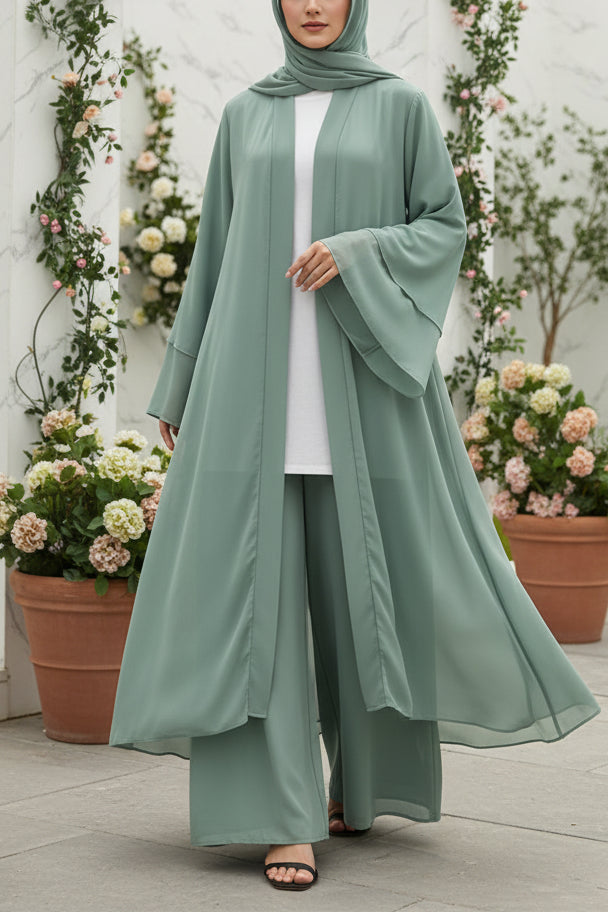 Chiffon Layered Open Abaya with Sash
