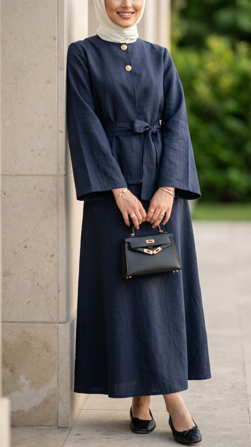 Summer Double Button Top Blue Belted Skirt Set