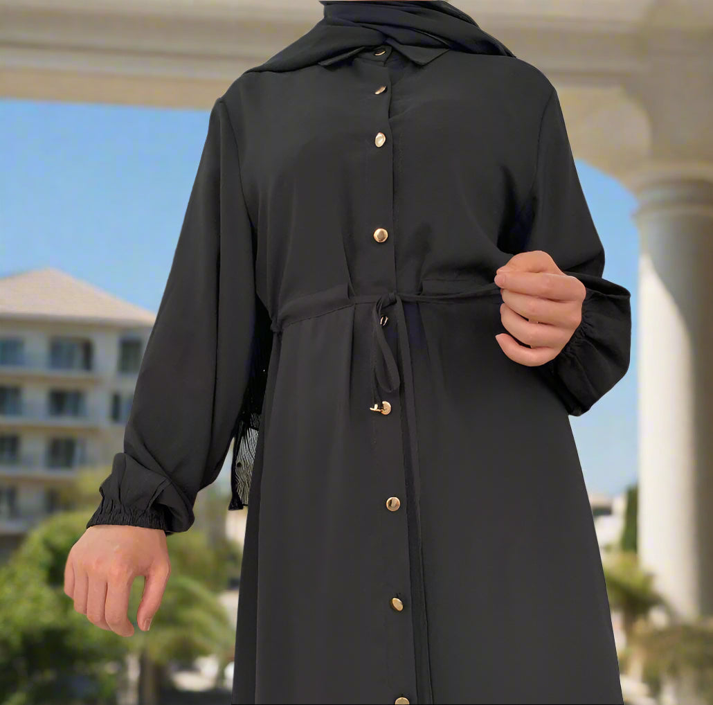 Waist Tie Full Button Down Abaya Dress