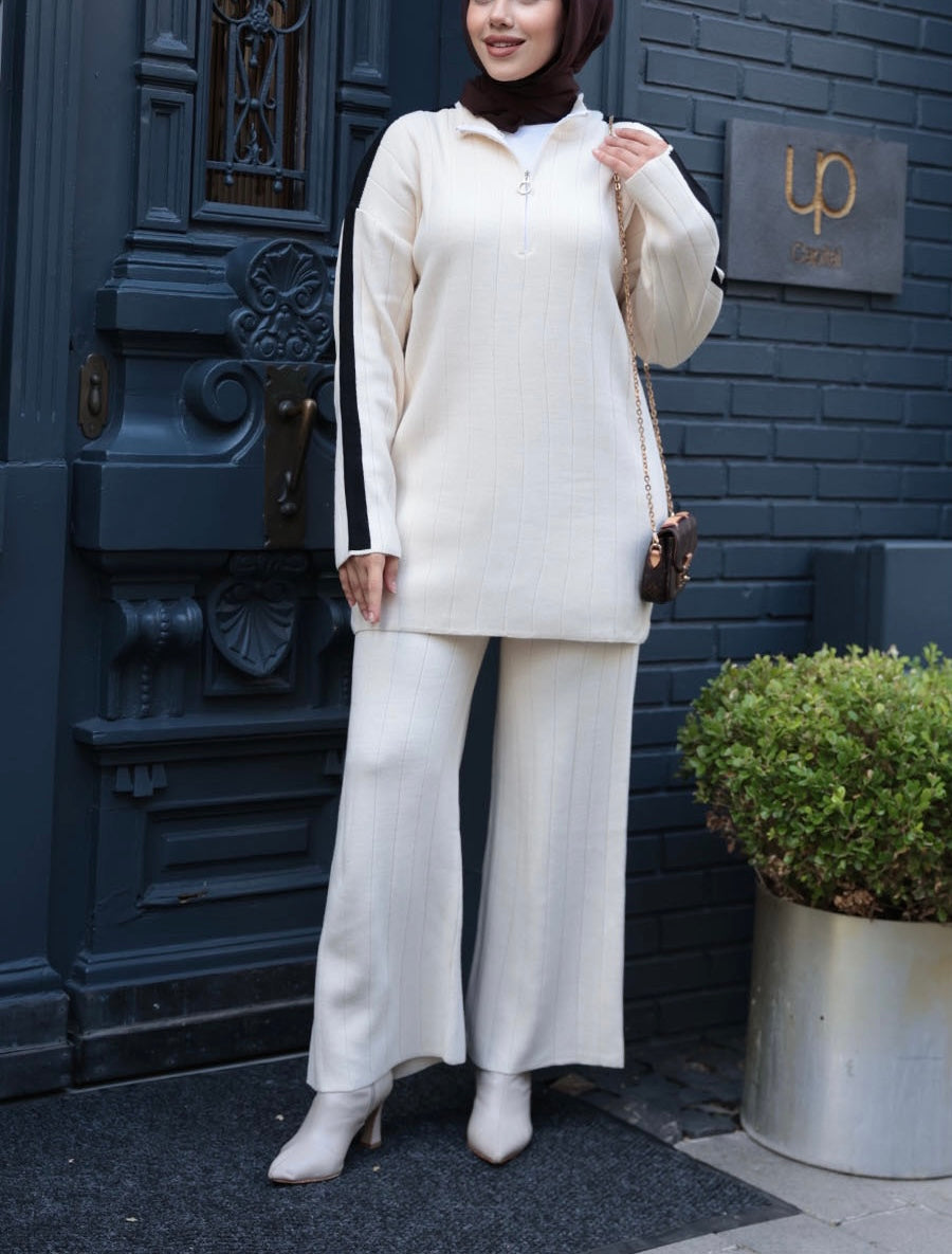 Knit Turkish Style Pleated Striped Co-Ord Set