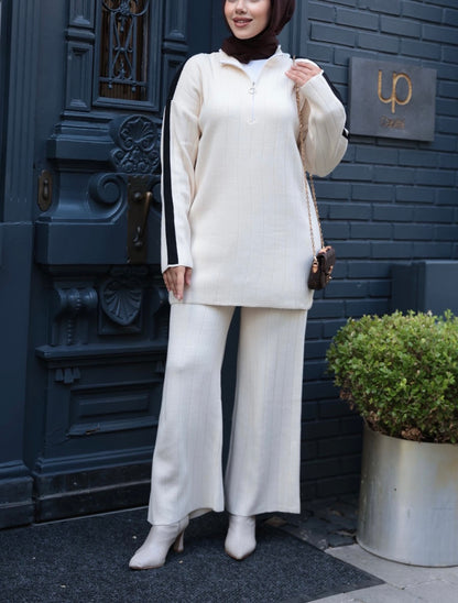 Knit Turkish Style Pleated Striped Co-Ord Set