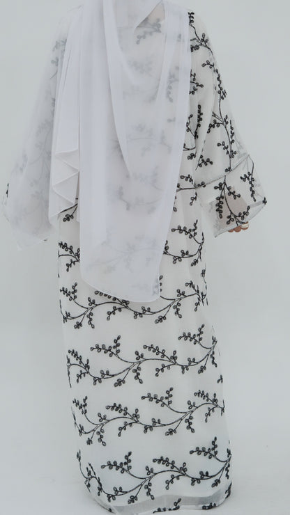 Dubai Style Embroidered 2 Piece White Abaya