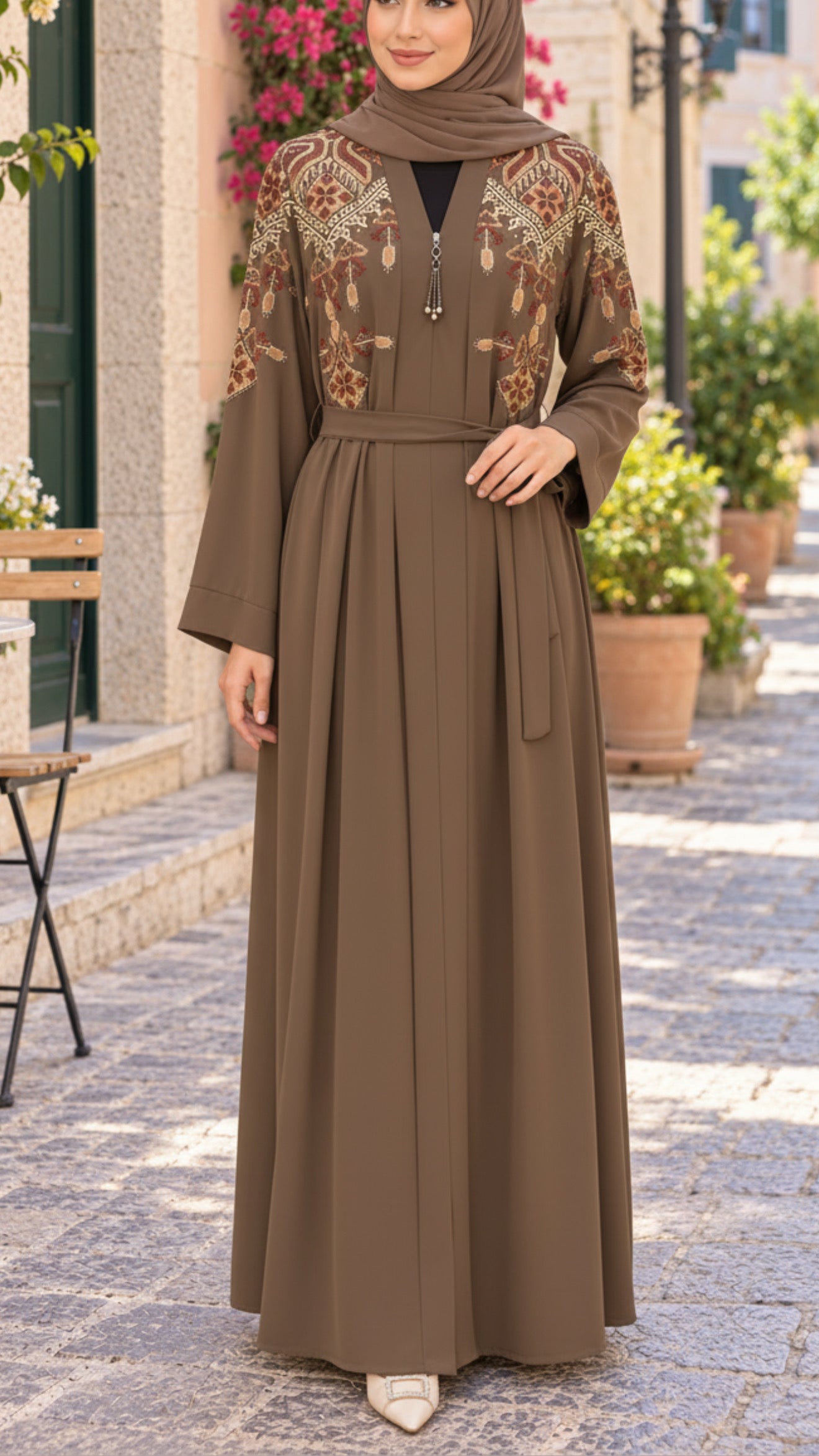 Turkish Royale Brown Zipper Abaya