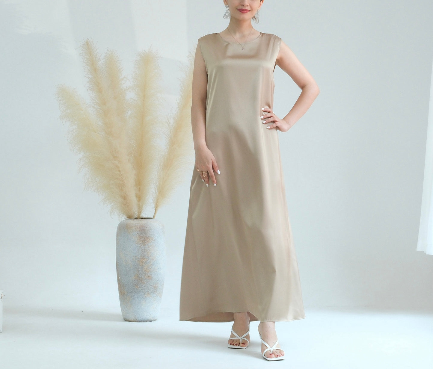 Basic Sleeveless Satin Underdress (Black,White,Beige)