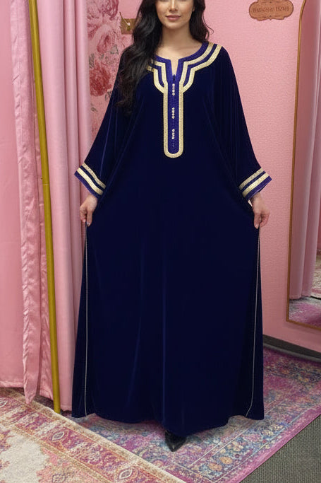 Moroccan Velvet Caftan Navy