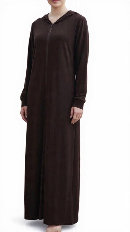 Brown Turkish Style Zipper Hoodie Abaya Dress