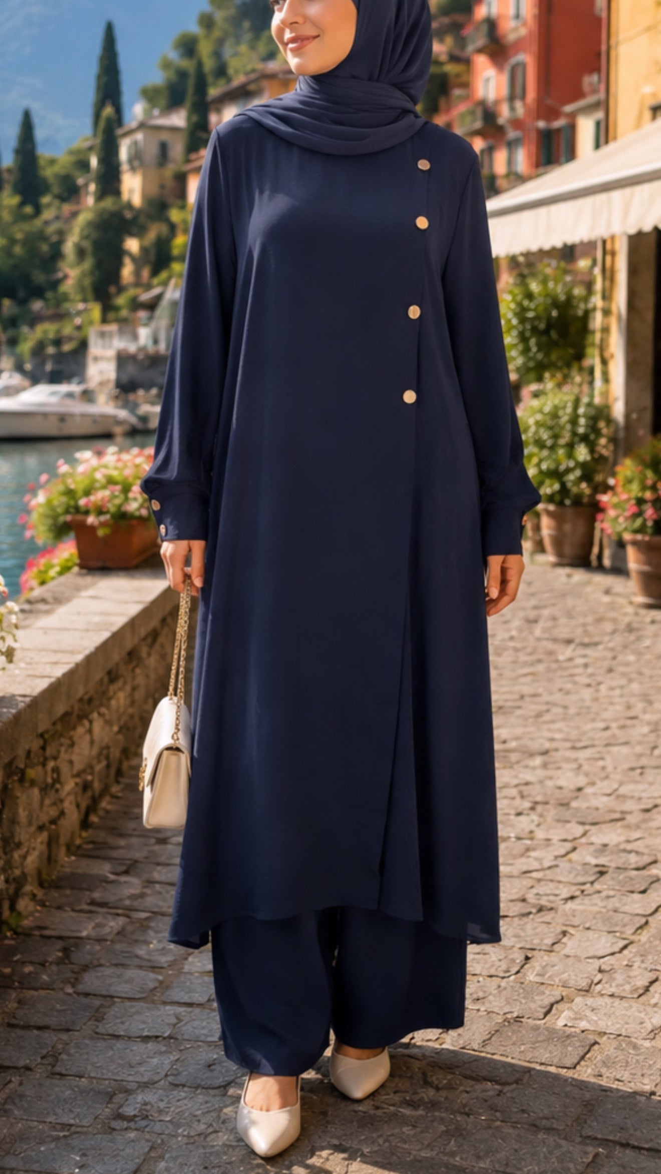 Navy Blue Minimalist Button Detail Pant Suit