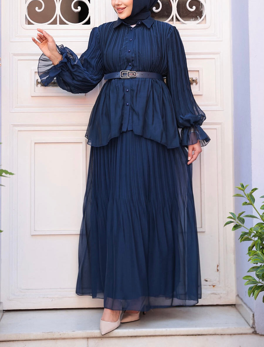 Turkish Style Chiffon Button Down Pleated Skirt Set